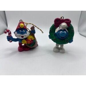 Vintage Schleich Smurf Christmas Ornaments Papa Smurf W Wreath 1981 Peyo Figures